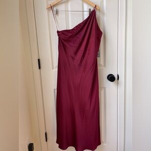 NWT Express Satin Cross Back One Shoulder Midi Dress in Burgandy